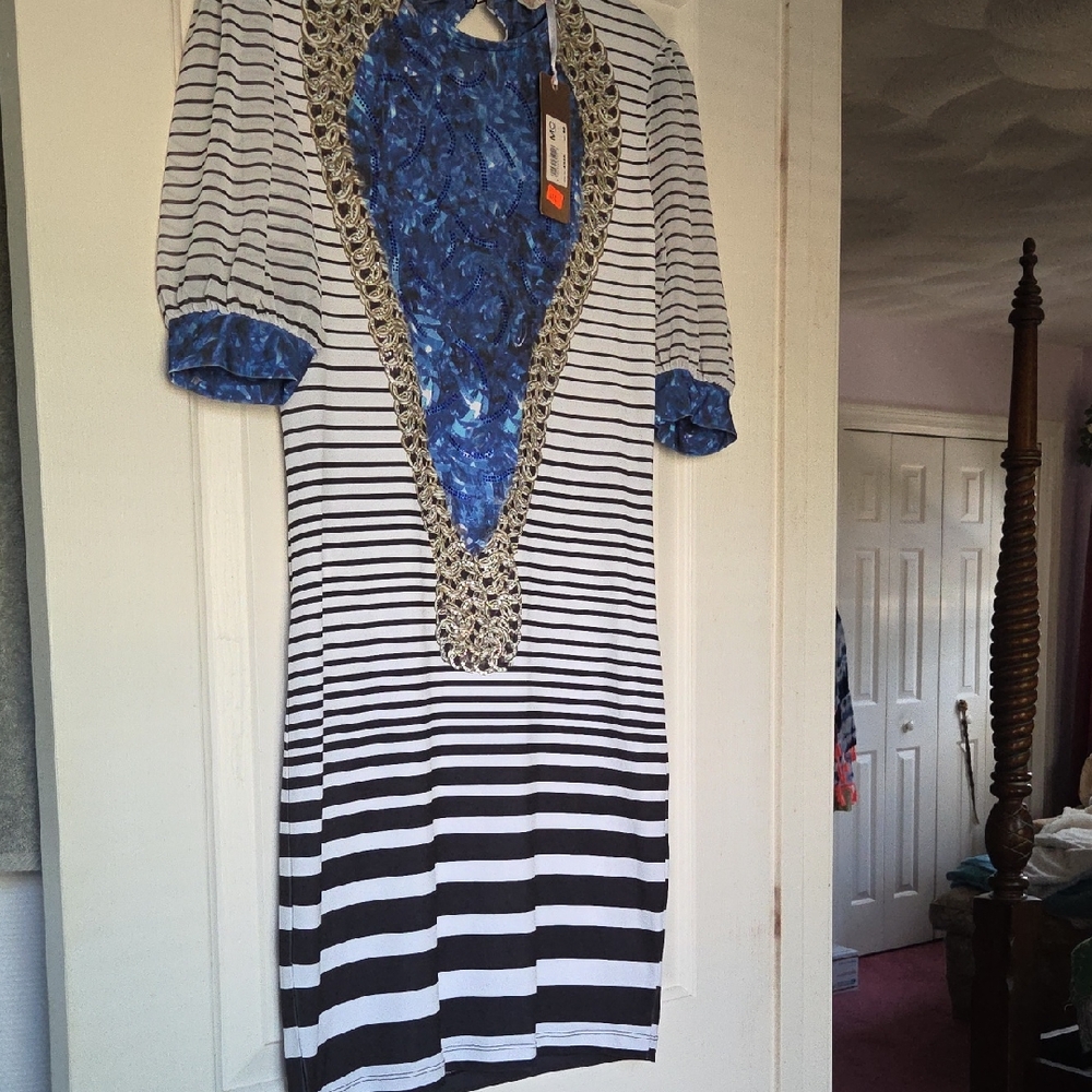 VDP Couture Striped Dress with Blue and Black Accents with Glitter